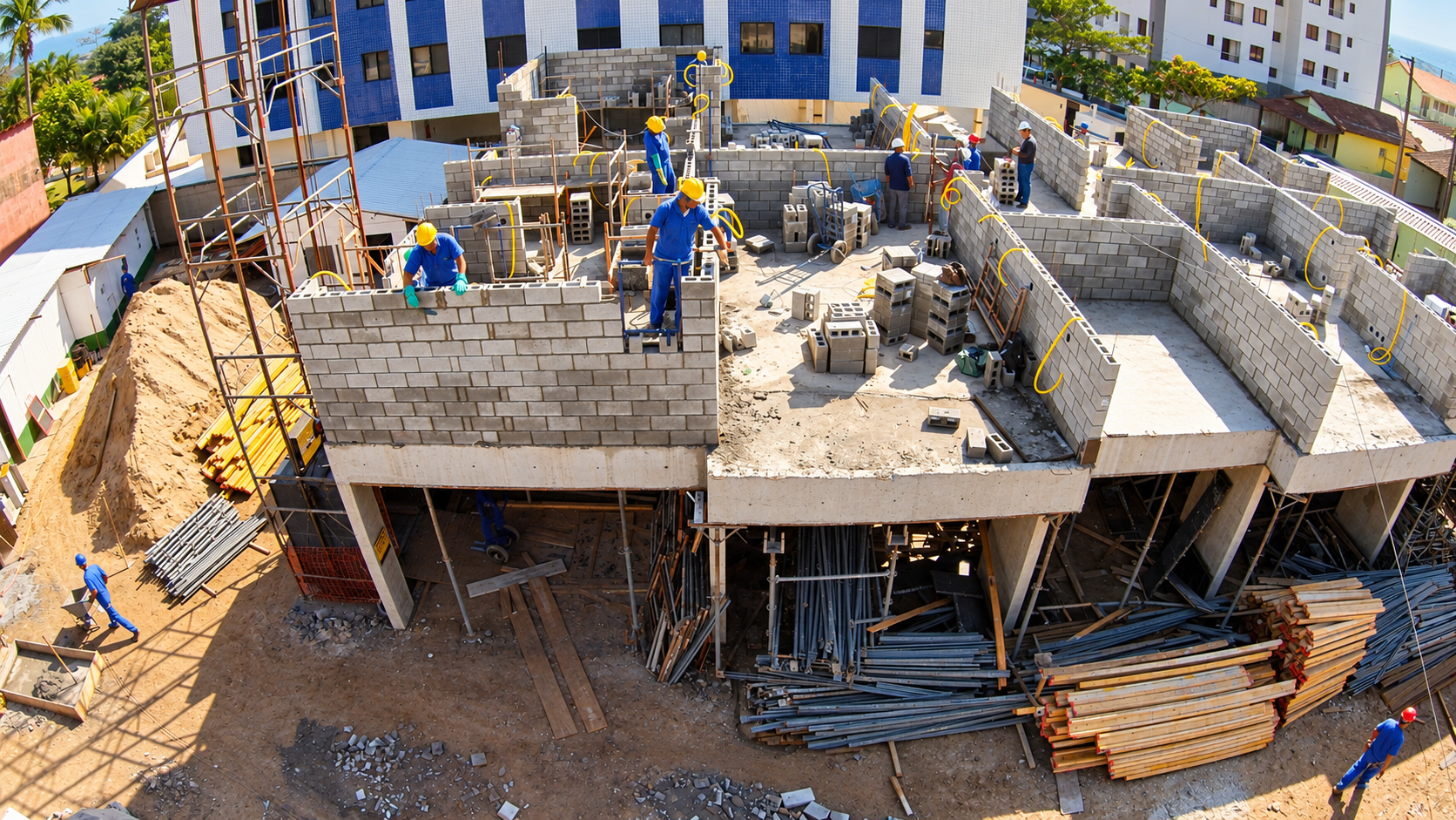 Equipe executando alvenaria em uma obra em andamento